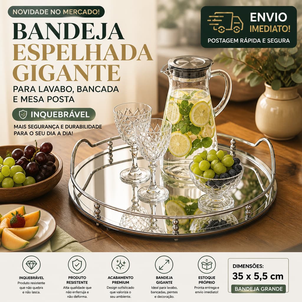 Bandeja Espelhada Inox Redonda Grande com Alças para Mesa Posta Decoração Lavabo