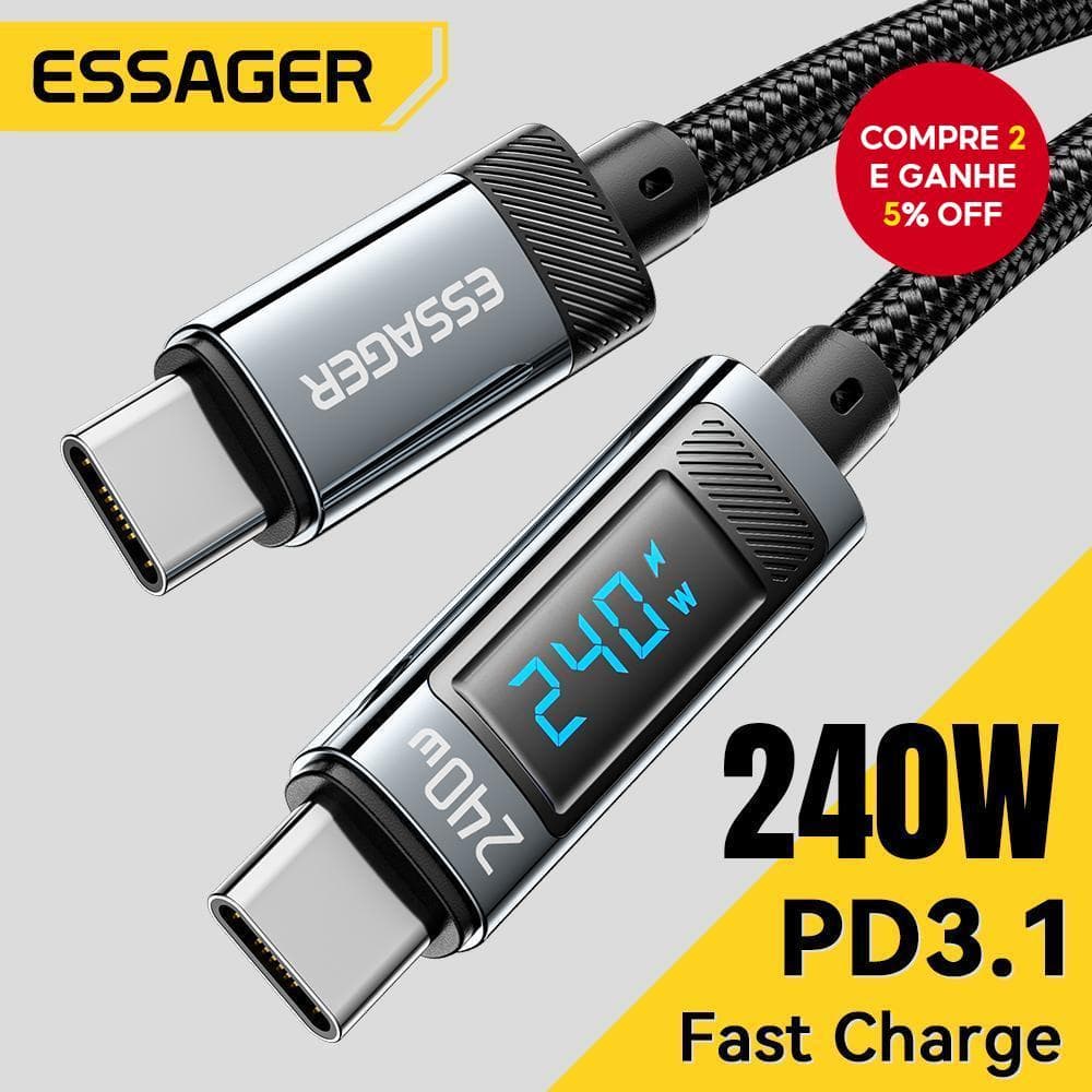 Cabo de Carregamento Super Rápido Essager PD 240W, Tipo C, PD 3.1, 5A, para iPhone 15, Xiaomi, Redmi, Black Shark,