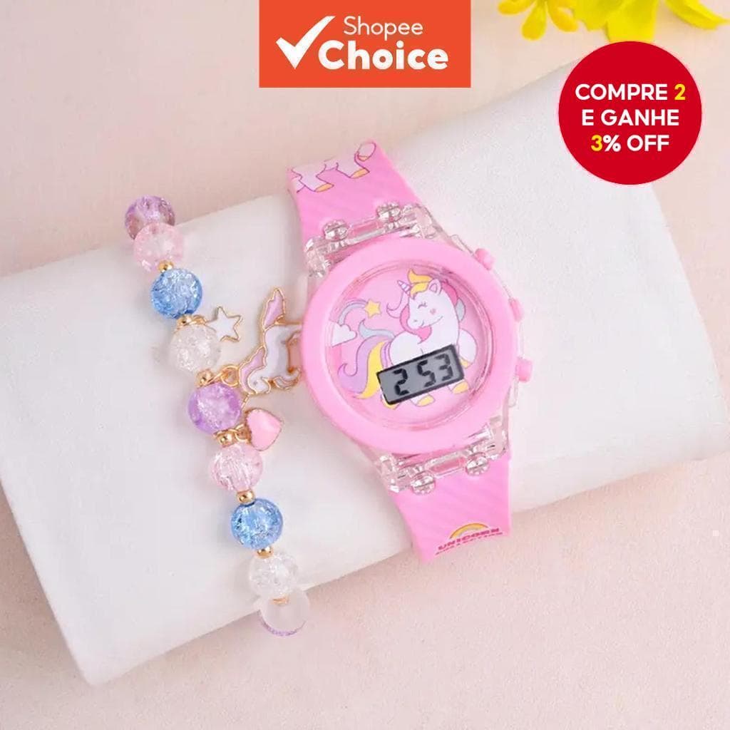Conjunto De Relógio Digital De Silicone Arco-Íris Unicórnio E Pulseira De Contas Para Meninas , Presente De Pulso Eletrô