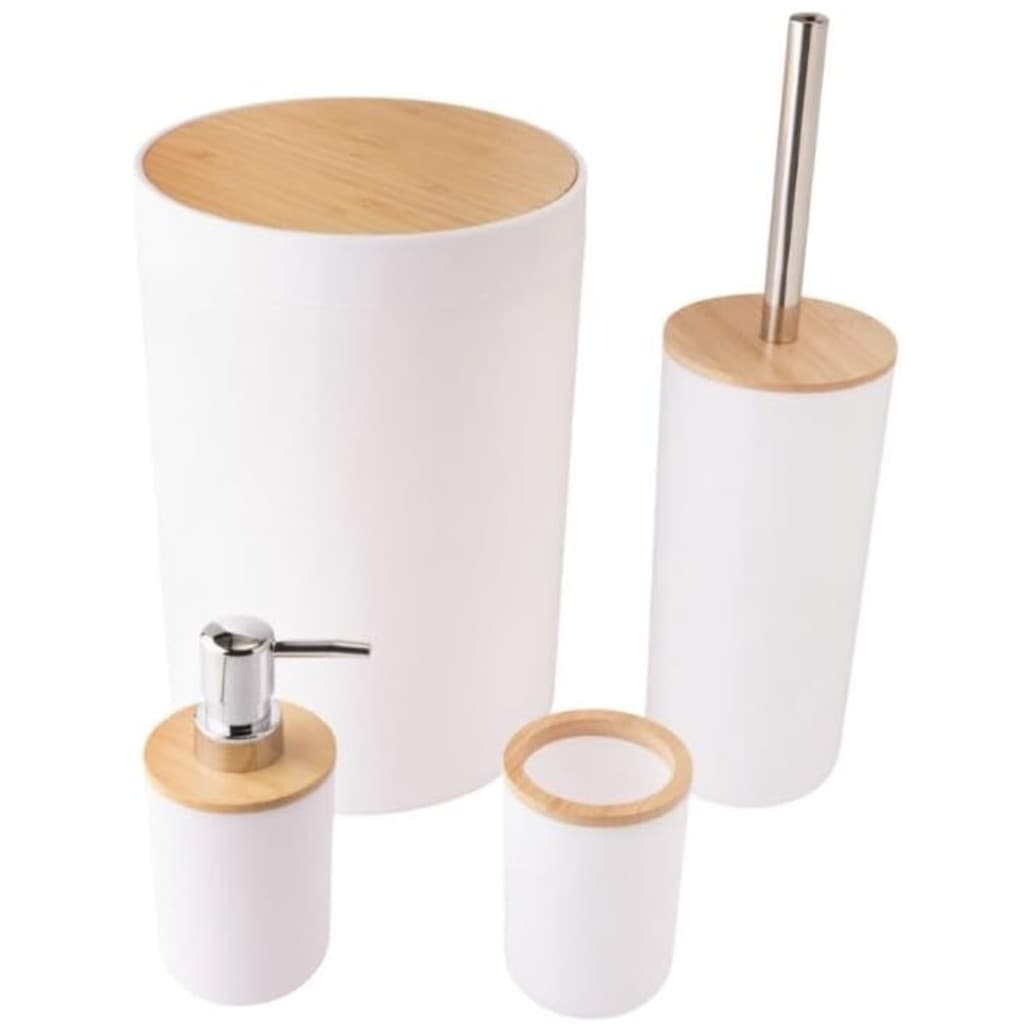 Kit 4 Peças para Banheiro de Plástico e Bambu Branco
