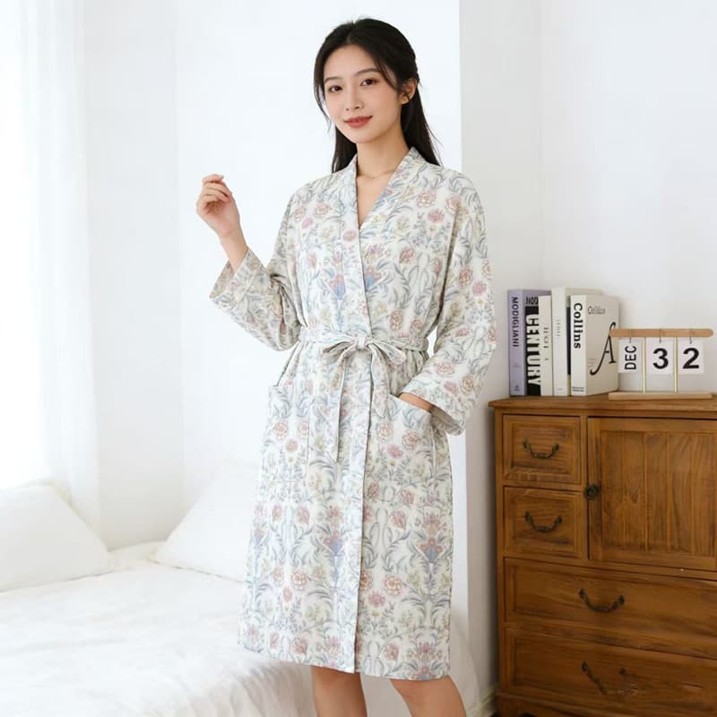 Camisola de algodão puro feminina verão roupão fino dupla camada gaze casa longo quimono pijamas rendas tamanho grande p