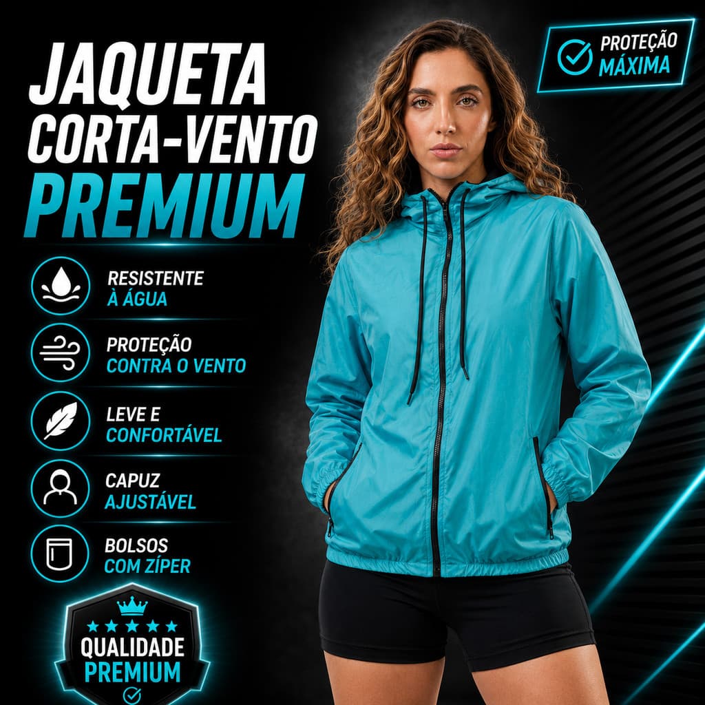 Jaqueta Corta Vento Feminina Sport Térmica UV50 Azul Turquesa Capuz