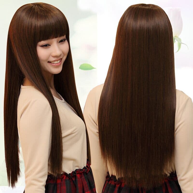 Peruca feminina Qi franja longo cabelo reto médio longo fofo completo chapelaria peruca completa