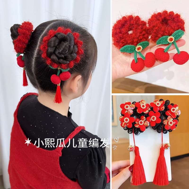 Ano novo vermelho ano novo bola cabeça festiva acessórios para o cabelo menina alta elasticidade Hanfu estilo chinês beb