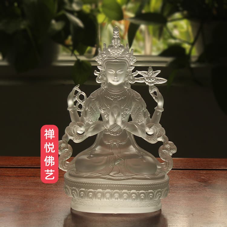 Zen Yue arte budista adoração doméstica artesanato suprimentos método antigo vidro quatro braços Guanyin Bodhisattva est