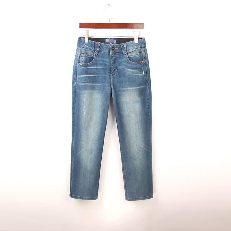Outono novo estilo angustiado lavagem pequena reta Jeans feminino comércio exterior 100kg tamanho grande cintura alta ca