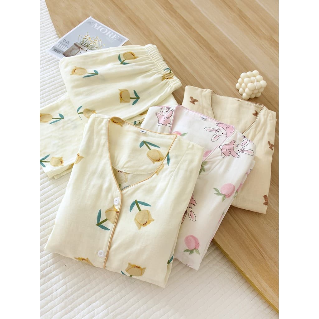Pijamas femininos com almofadas no peito manga comprida primavera verão puro algodão dupla camada gaze bonito solto suti