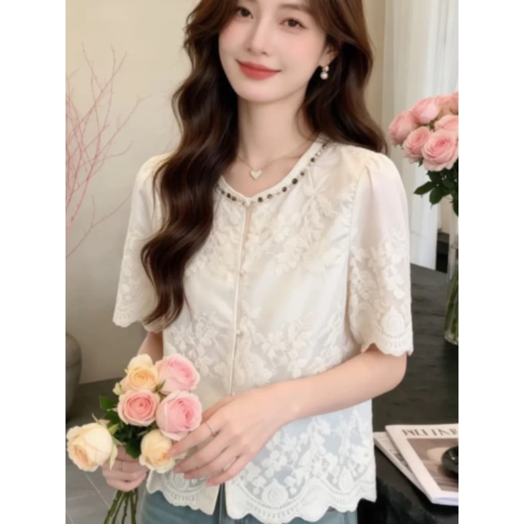 Francês estilo suave Jacquard em torno do pescoço camisa pequena feminina de manga curta mais magro olhar Design solto e