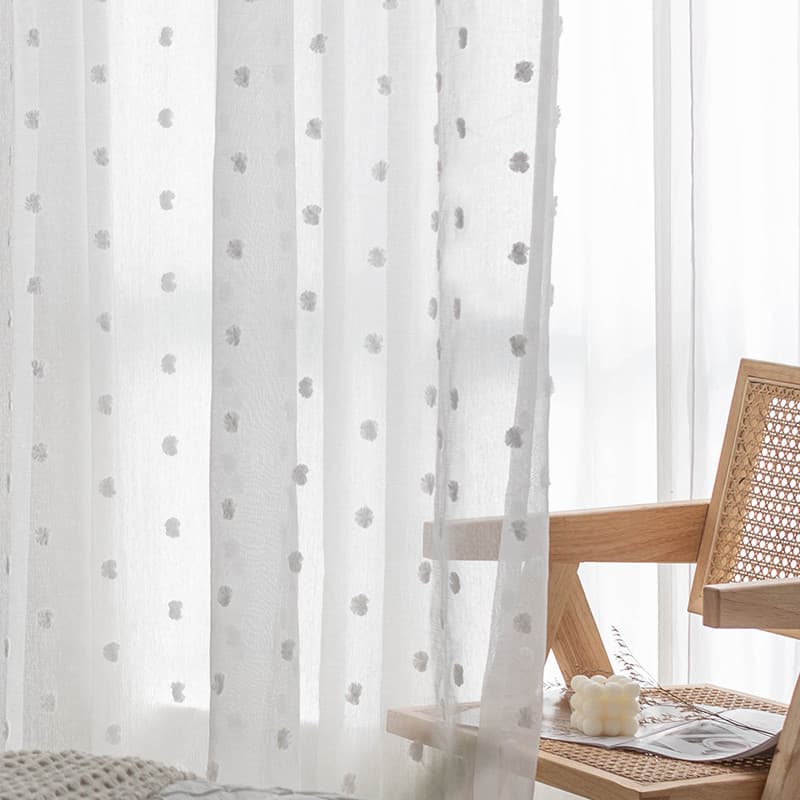 Simples fresco estilo japonês bola de pele bordado gaze cortina sala de estar quarto cortina de janela do chão ao teto