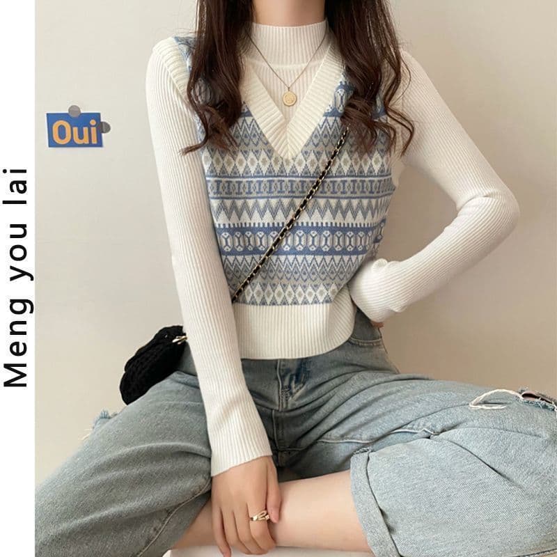 Conjunto de duas peças estilo Preppy Retro colete de malha pequeno colete camisola feminina outono inverno estilo Hong K