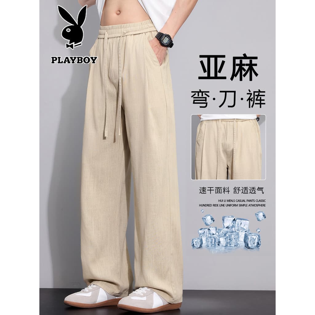 Playboy calças de seda gelo de linho Natural dos homens verão legal respirável calças casuais soltas em linha reta calça
