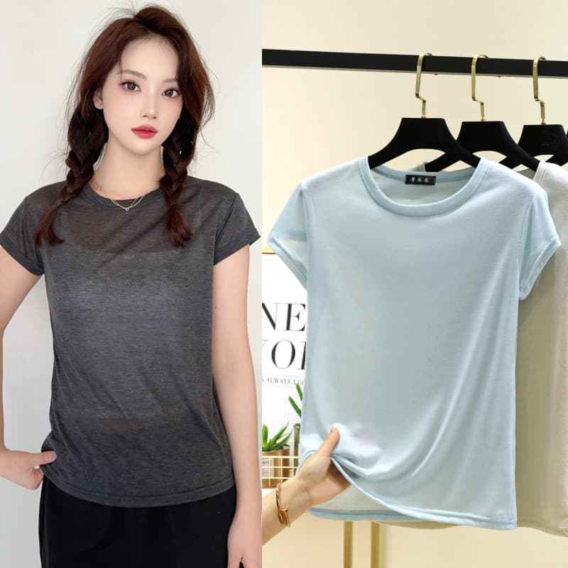 Verão fino exterior usar em torno do pescoço de manga curta camiseta feminina solta cor sólida transparente camisa de fu