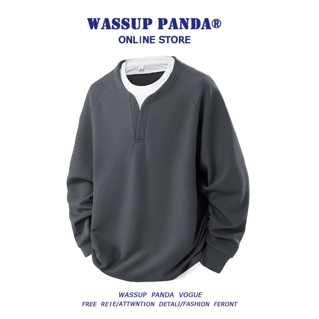 WASSUP PANDA American Waffle Falso Moletom de Duas Peças Masculino Primavera Outono Street Wear Solto Pulôver Redondo Pe