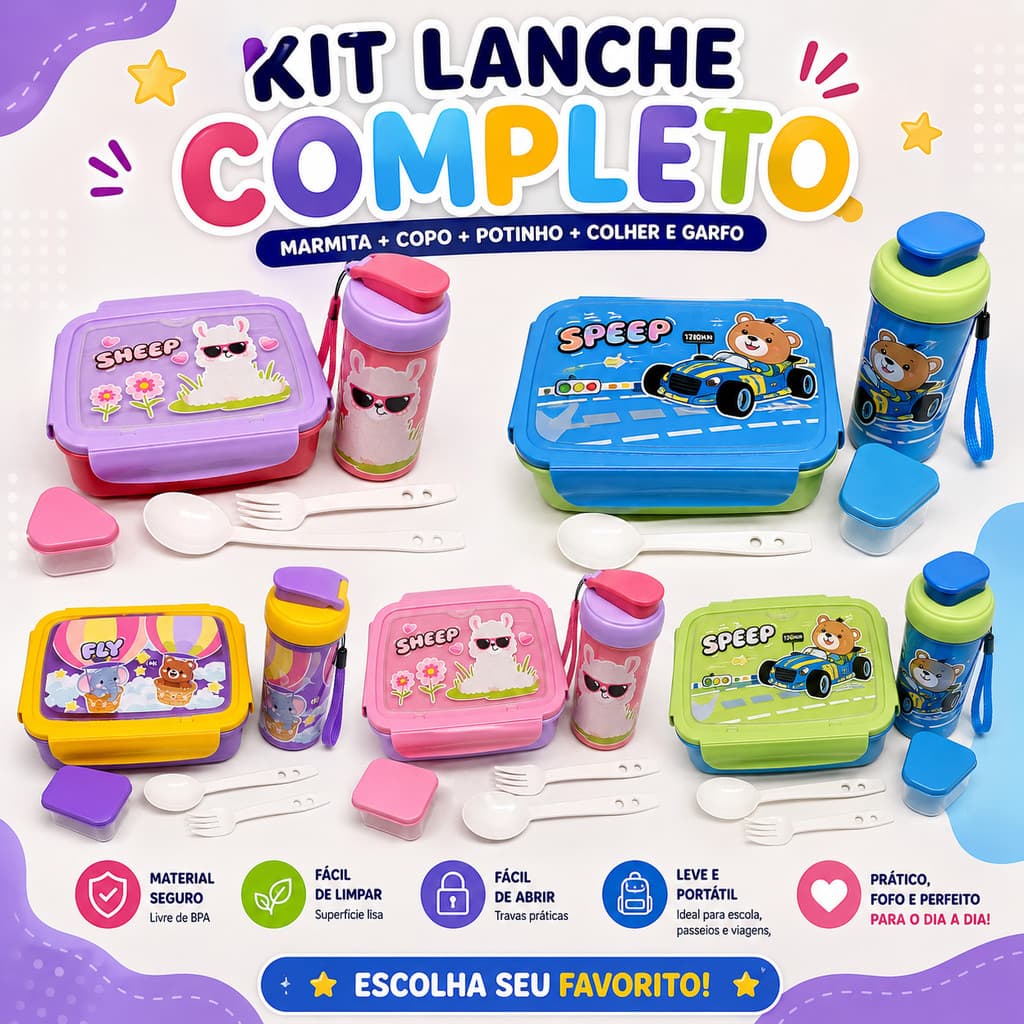 Kit Lanche Infantil Completo com Marmita Copo Potinho Colher e Garfo para Escola Kit Completo