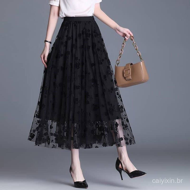 Saia de Tule Floral Feminina, Cintura Alta, Comprimento Médio, Longa, Saia Plissada de Tule HDIT