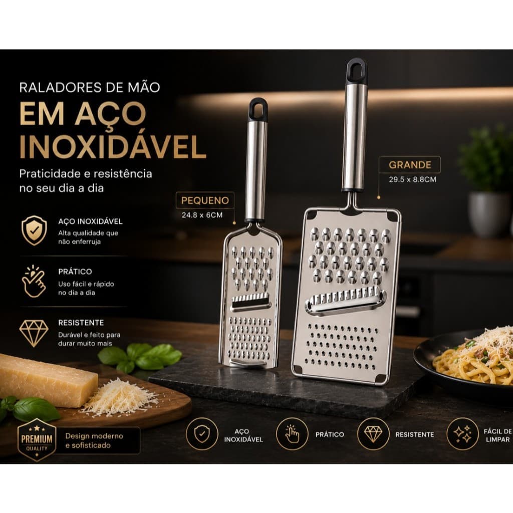 Ralador de Mão em Aço Inox Premium Grande e Pequeno – Multifuncional, Resistente e Fácil de Limpar para Queijo, Legumes