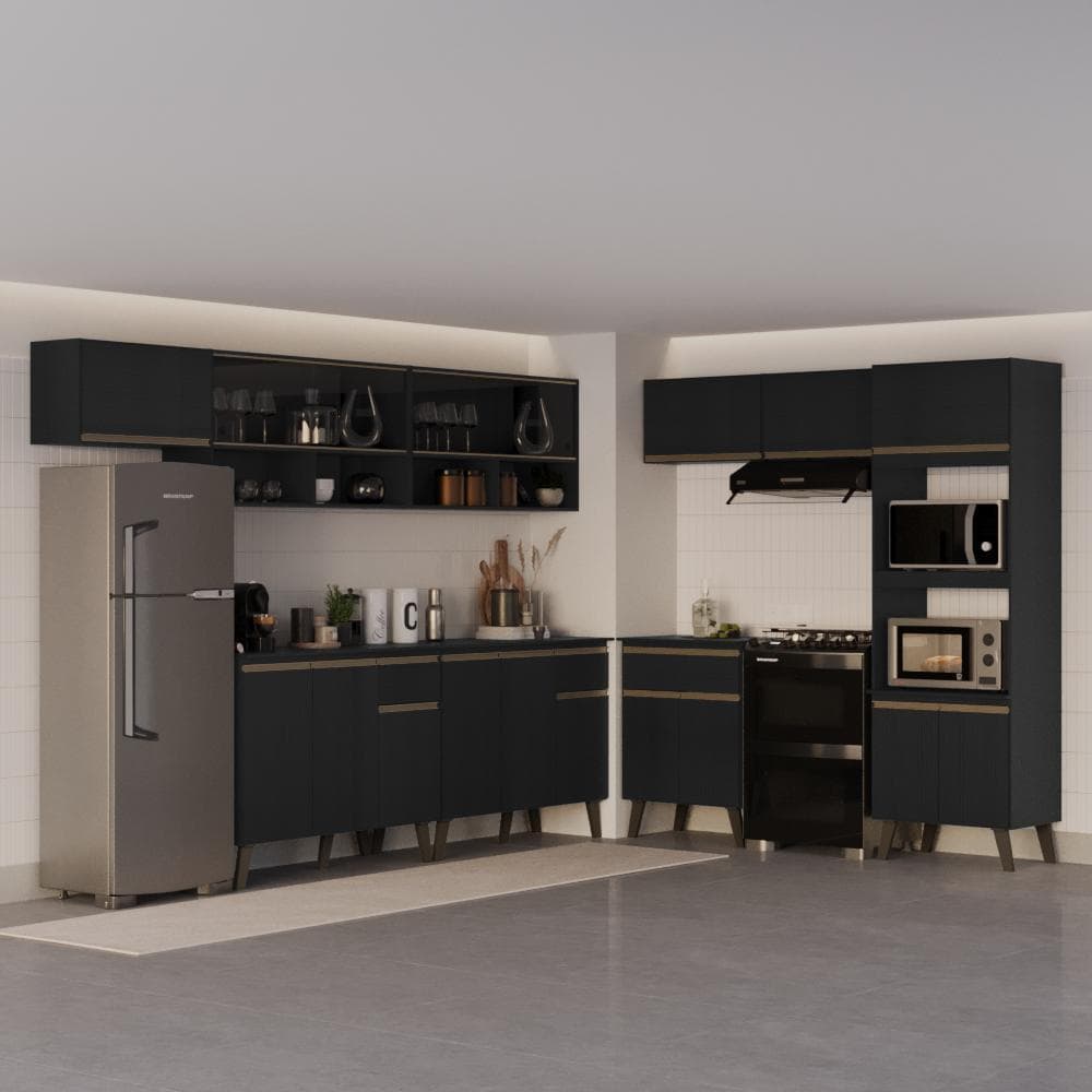 Armário de Cozinha Completa Atlanta Way com Vidro Carraro Preto Touch