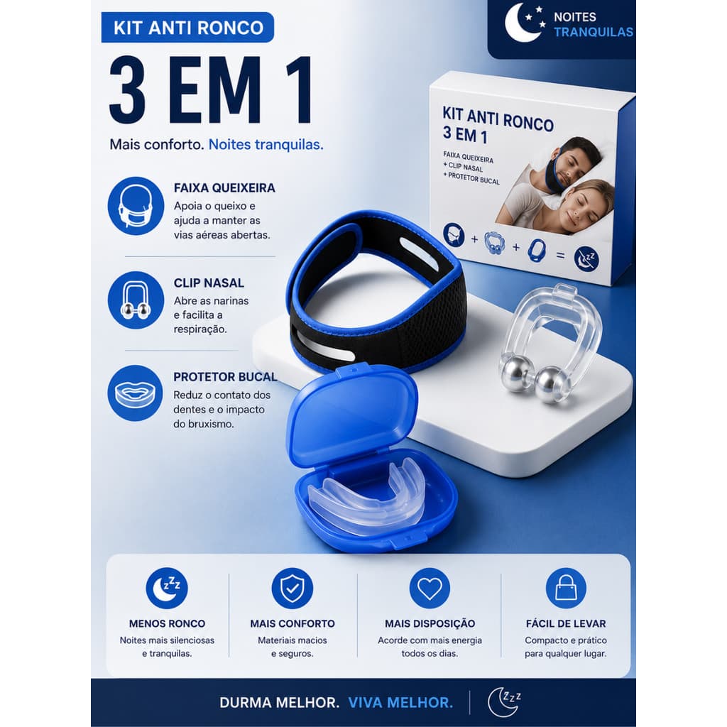 Kit Anti Ronco 3 em 1 – Protetor Bucal + Faixa Queixeira + Clip Nasal