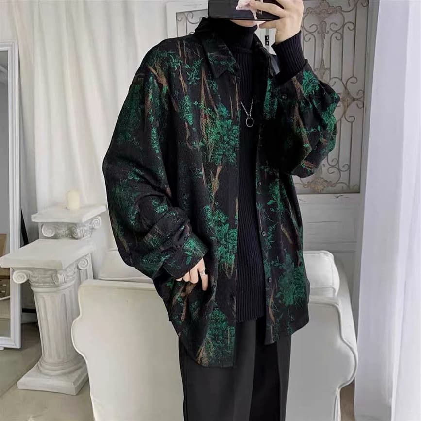 Influenciador muito fada camisa masculina solta de manga comprida chique Retro abstrato impressão camisa jaqueta nicho b