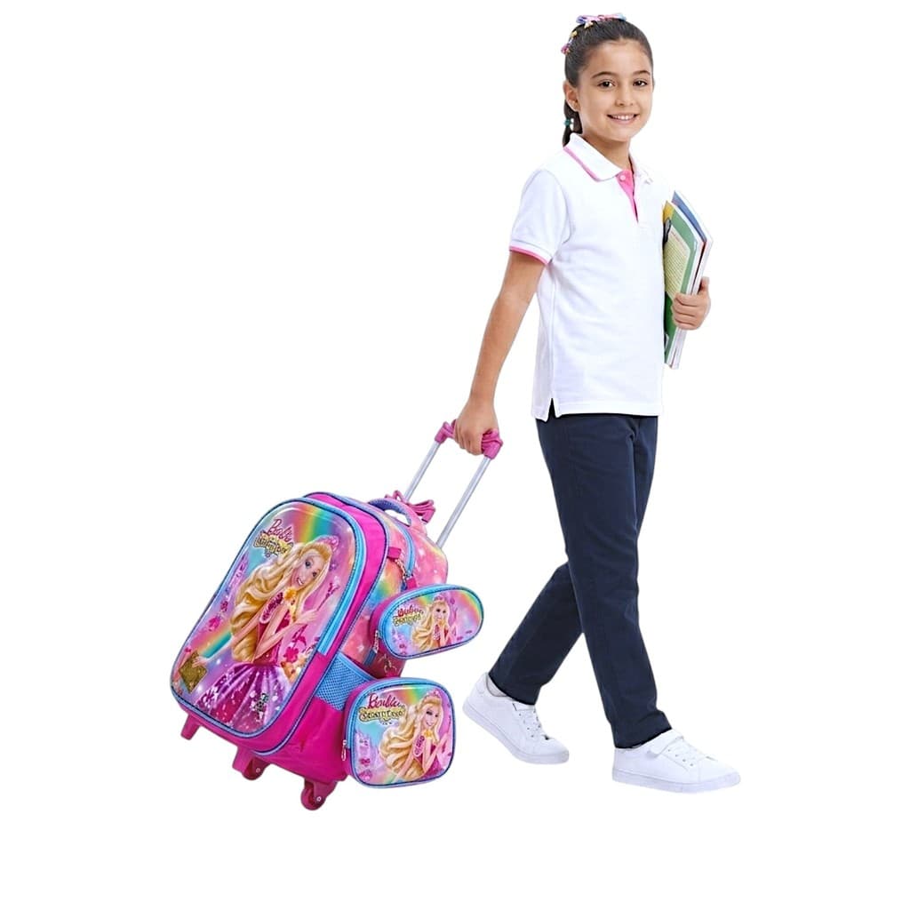 Kit Mochila 3D Infantil Com Rodinhas Barbie Lancheira térmica e estojo