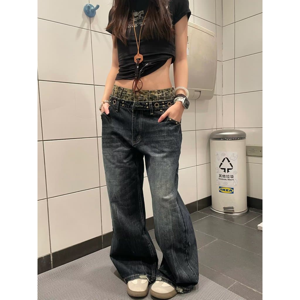 Rasa casa estilo loja americano Retro rebites Jeans de cintura baixa feminino fino ajuste mais magro olhar calças de chã