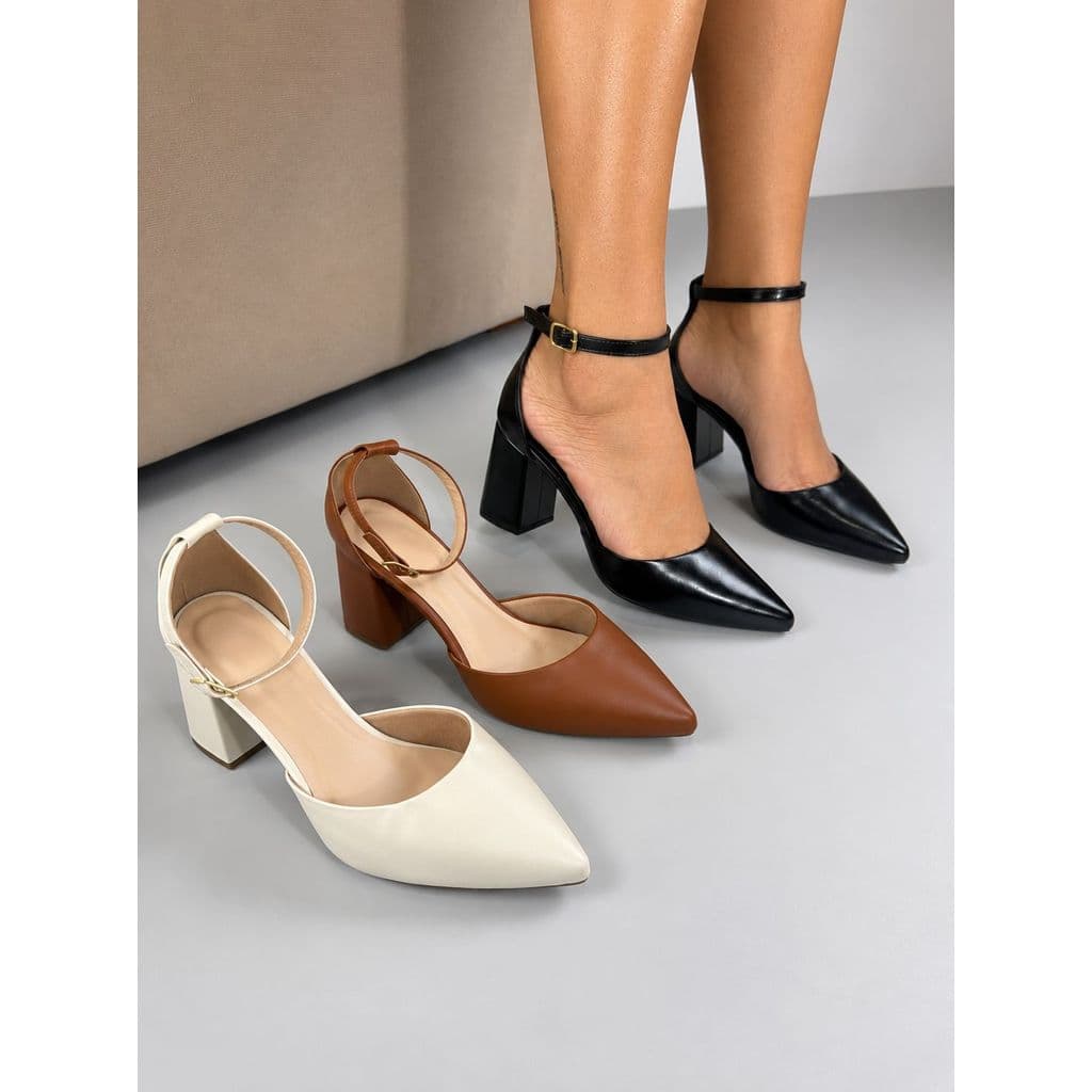 Scarpin Feminino Bico Fino Salto Bloco Fivela Tornozelo Elegância Conforto Estilo Sofisticado