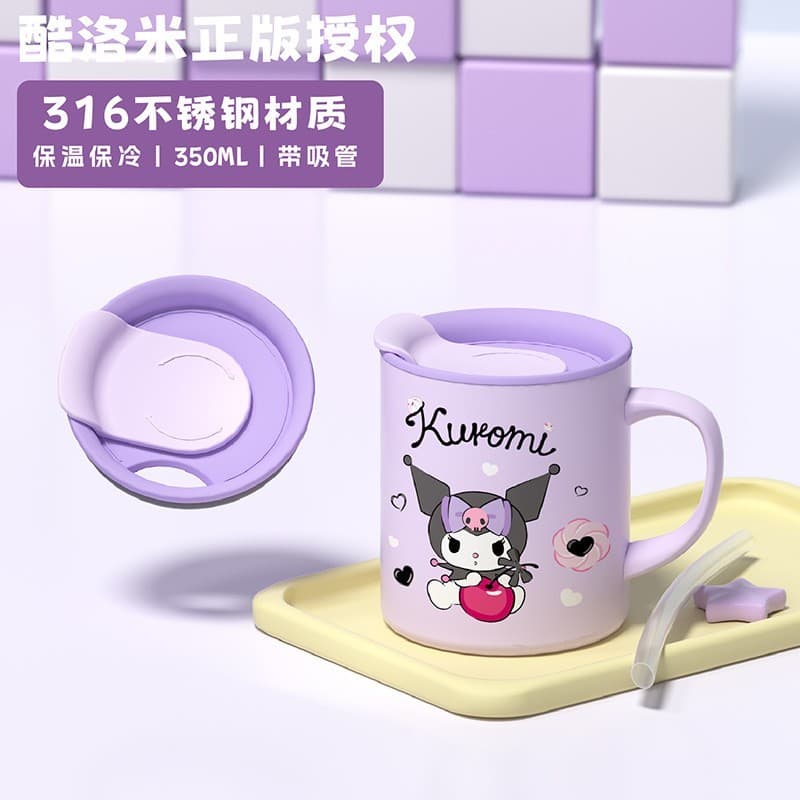 Copo de água infantil Kuromi integrado sem costura de aço inoxidável Kuromi copo de leite com tampa escala isolamento co