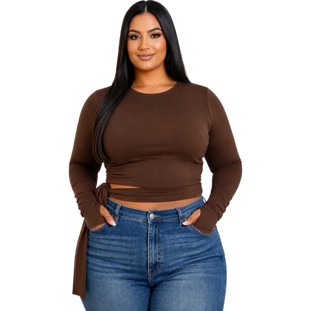 Blusa Cropped Feminina Plus Size Manga Longa com Faixa para Amarrar na Cintura