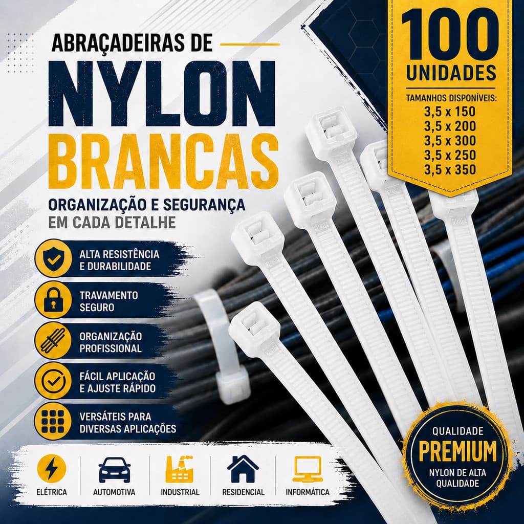 ABRAÇADEIRA DE NYLON BRANCA ENFORCA GATO KIT 100 UNIDADES ALTA RESISTÊNCIA PARA CABOS E INSTALAÇÕES