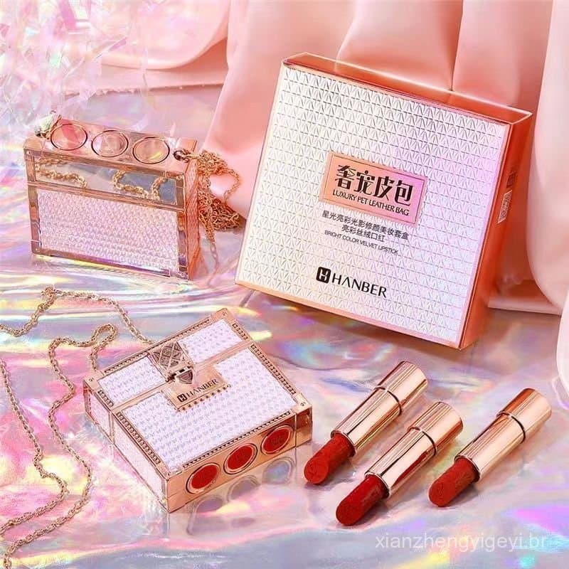 Batom Hanbeier Starlight Shimmer Velvet Embossed, Conjunto de Batons em Estojo de Couro Luxuoso, Maquiagem para Estudant