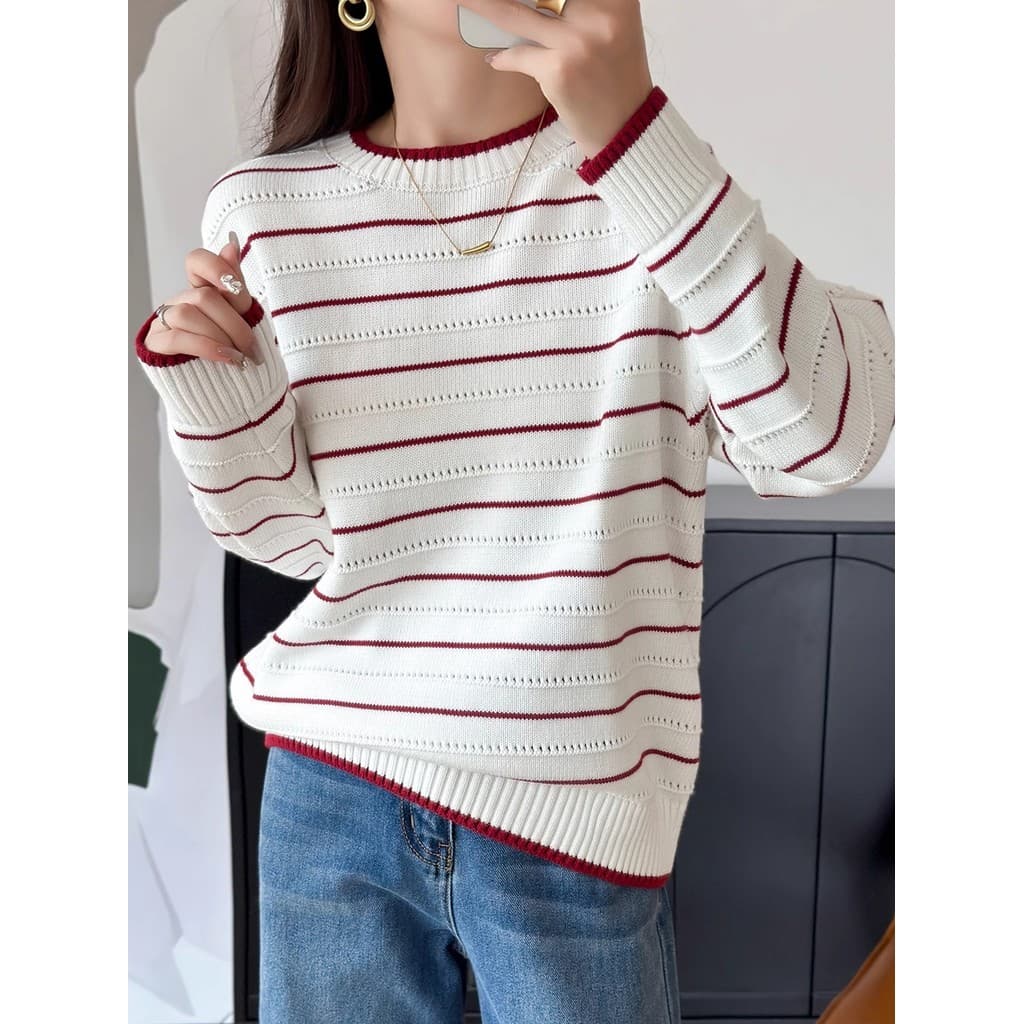 Fio de algodão puro vermelho branco listrado camisola feminina pulôver 2025 primavera outono novo estilo de manga compri
