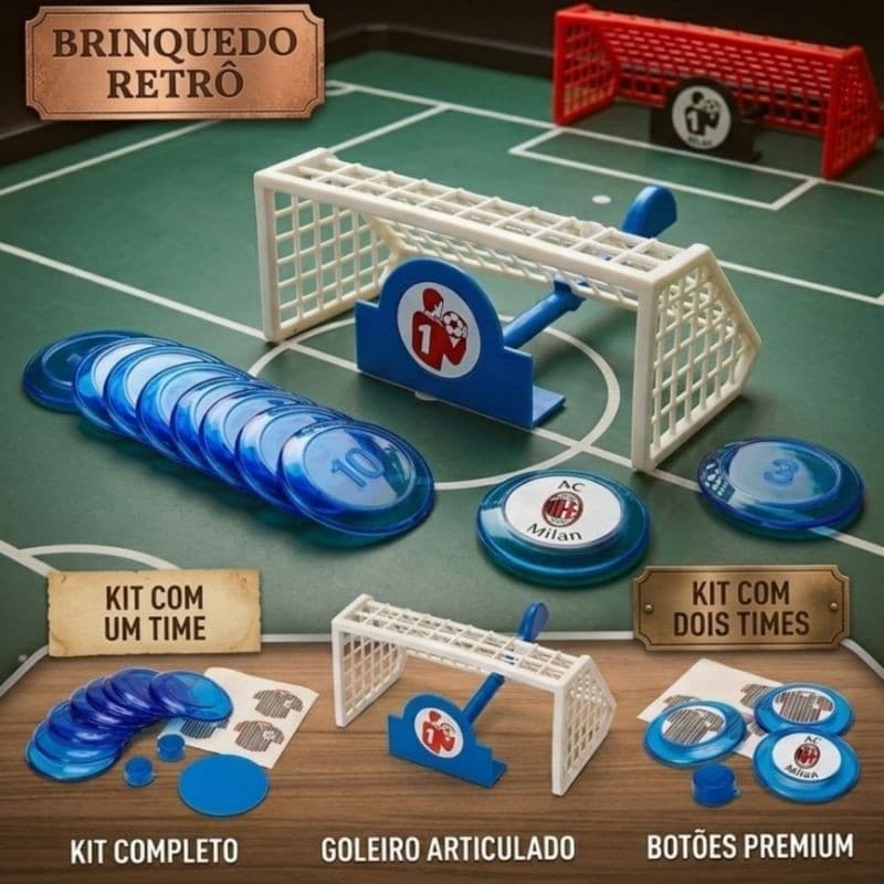 Futebol De Botão Retrô C/ 2 ou 1 Time Completo Com Traves Bola E Adesivos