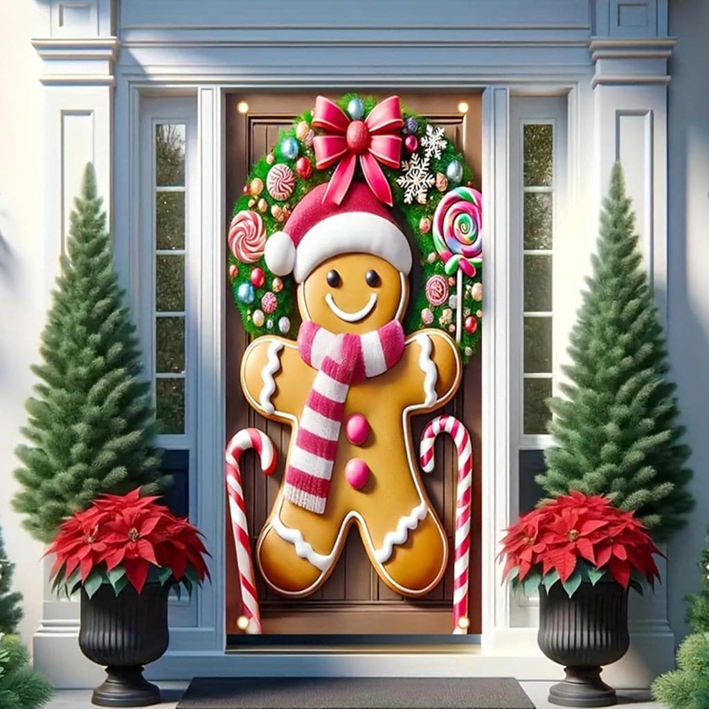 Capa de Porta de Natal, Faixa Suspensa de Casa de Biscoito de Gengibre, Placa de Natal, Fundo para Fotografia, Decoração