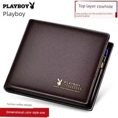 Playboy [Couro de primeira camada] Carteira masculina de couro genuíno Carteira curta de couro Carteira de genuíno