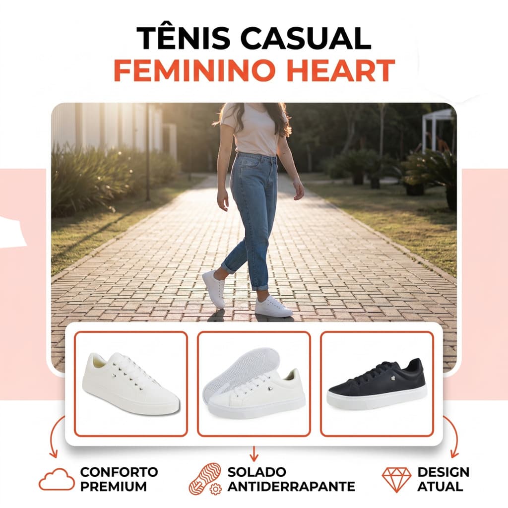 Tênis Casual Feminino Heart Detalhe Coração Sapatênis Confortável Macio Antiderrapante Tendência