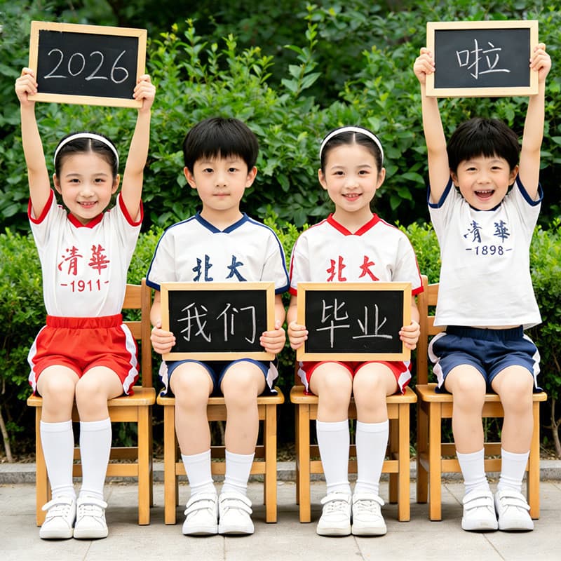Dia das crianças traje de desempenho das crianças Tsinghua Beibei universidade de manga curta algodão terno jogos format