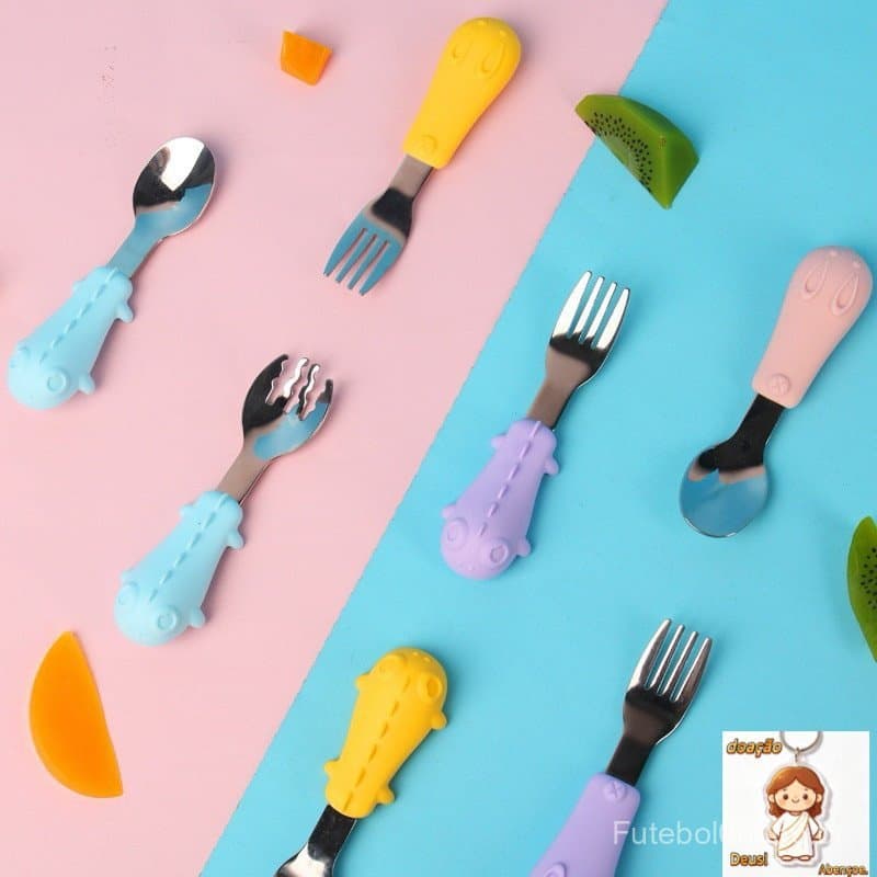 Talher COLHER GARFO COM ESTOJO  Infantil CABO SILICONE Com Inox 304（Dar chaveiro）
