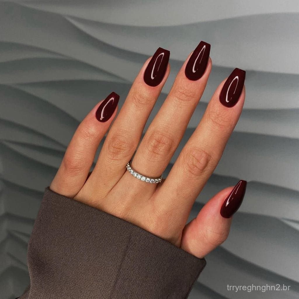 Unhas Postiças Curtas Vermelho Borgonha em Formato Coffin, Unhas Postiças Médias em Formato Coffin, Unhas Postiças Curta