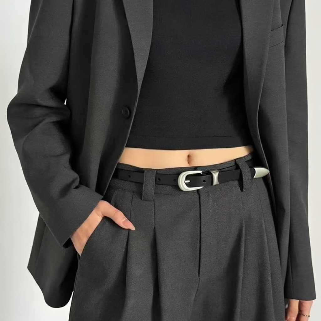 Cinto preto feminino 2026 novo estilo Design nicho cinto fino textura fivela de Metal decorativo pino fivela calças cint