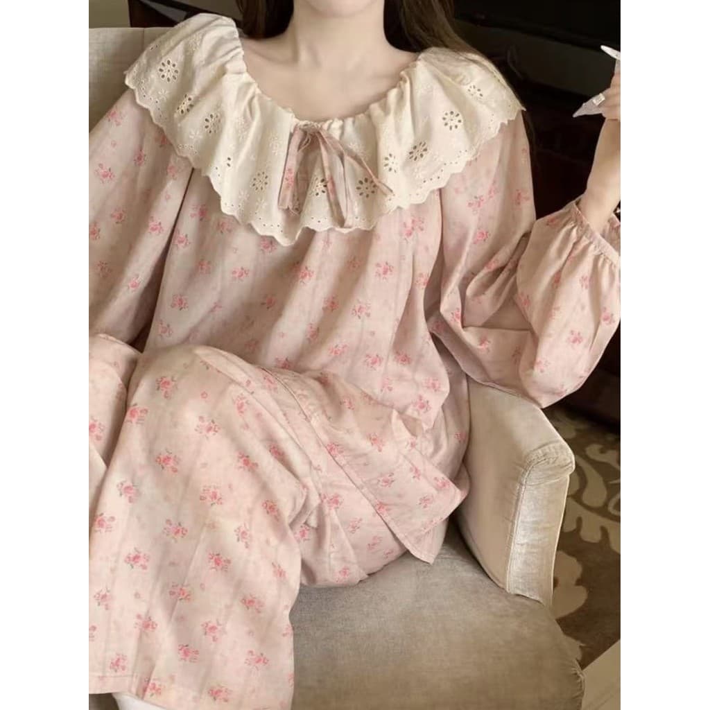 Pescoço redondo grande lapela renda nuvem pijamas de algodão feminino estilo coreano primavera outono calças de manga co