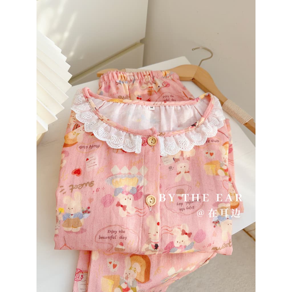 Coelho Pão | Algodão fio duplo bonito renda puro algodão pijamas feminino calças de manga comprida Homewear terno