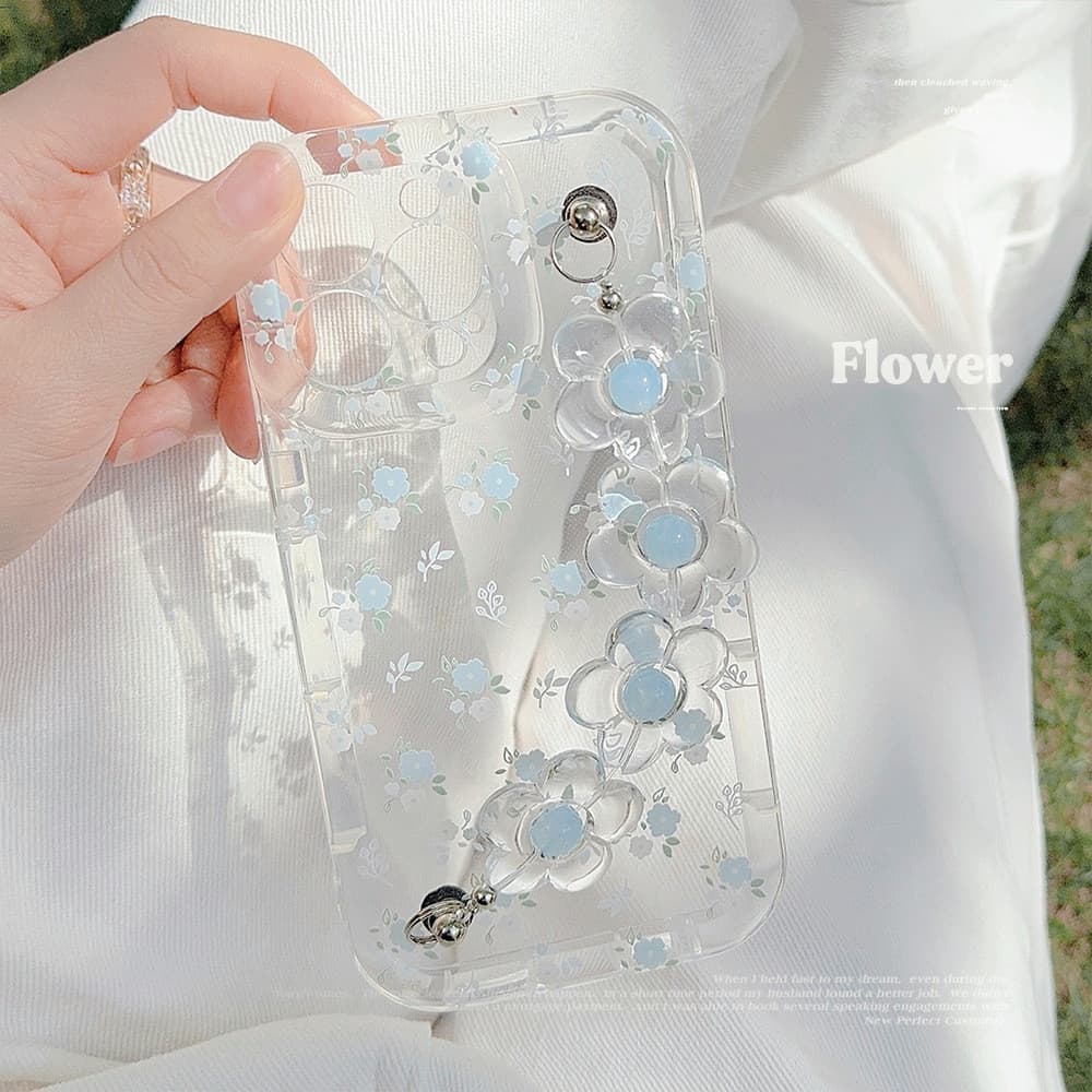 Verão fresco azul Floral iphone14promax Apple 15 caso de telefone 16 adequado para 12 cordão transparente