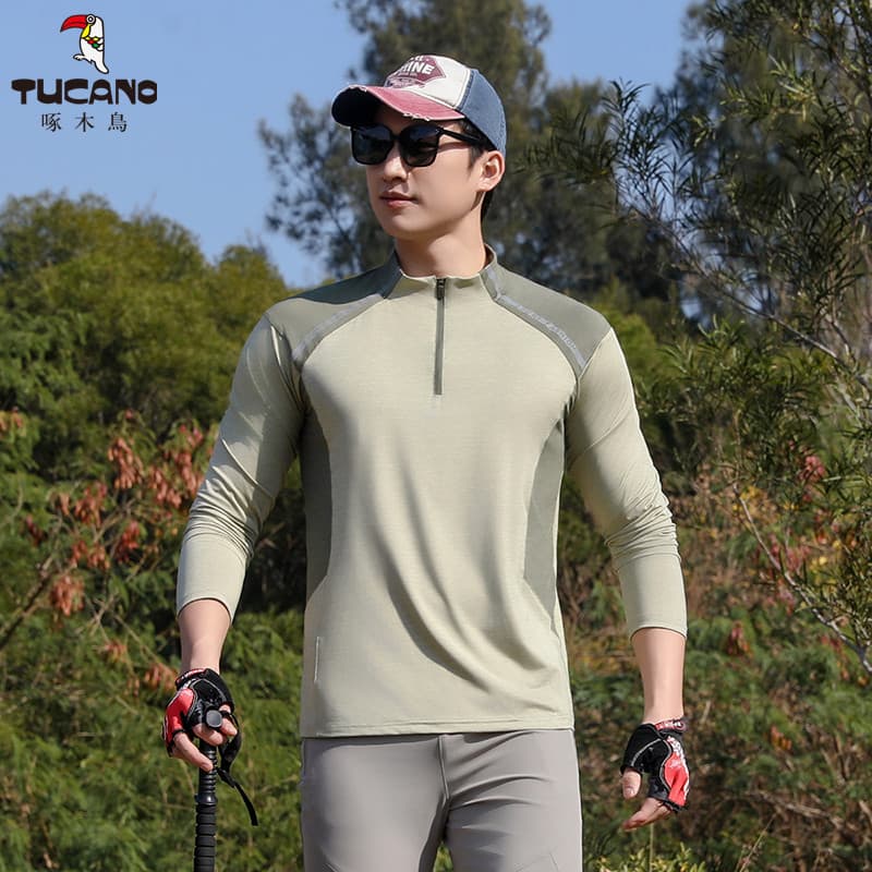 Pica-pau ao ar livre de manga comprida gelo seda roupas de secagem rápida camiseta esportiva masculina respirável roupas