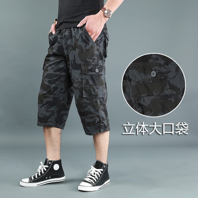 Calças cortadas camufladas masculinas verão soltas calças esportivas finas resistentes ao desgaste Plus Size Shorts casu