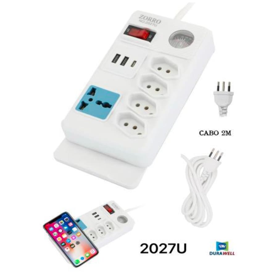 Régua Filtro de Linha 5 Tomadas Extensão Elétrica 2 Universal 2 USB Bivolt 10A 110v/220v Cabo 2M