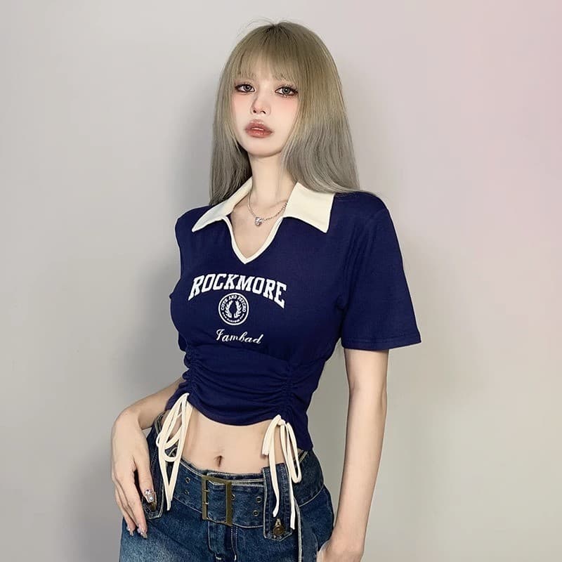 Americano quente estilo menina Retro gola polo cordão cintura estreita impresso camiseta estilo jazz estilo curto jazz d