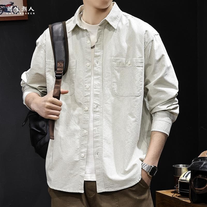 Camisa americana listrada masculina de manga comprida primavera 2025 novo estilo roupas casuais na moda All-Match sentim