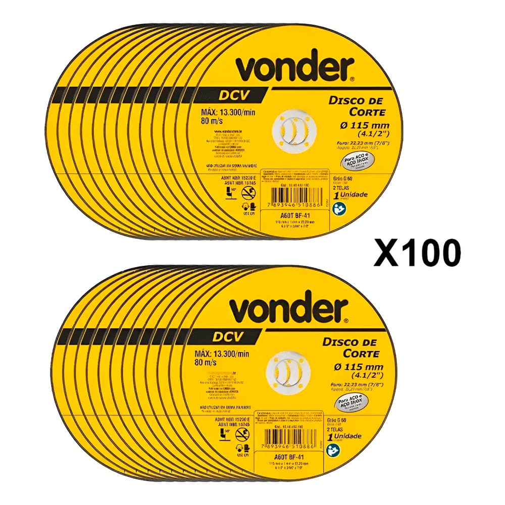 100 Discos De Corte 115mm x 1,0mm x 22,23mm Dcv Vonder