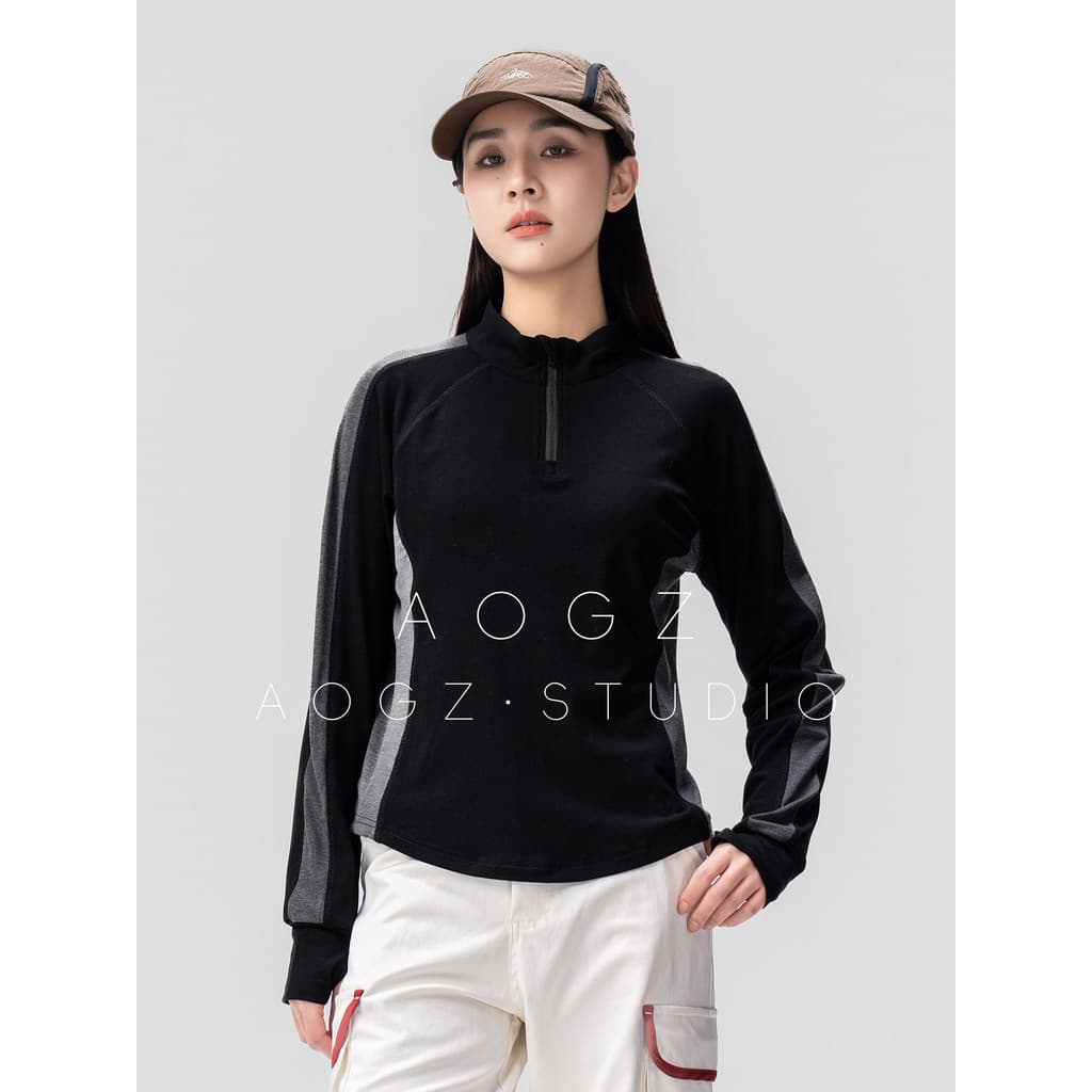 AOGZ Lyocell ao ar livre de secagem rápida meio zíper contraste cor manga comprida camiseta feminina verão respirável fi