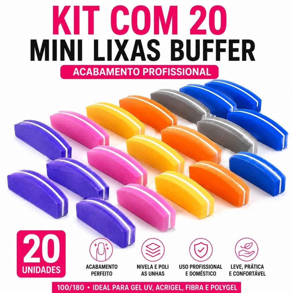 Kit 20 Mini Lixas Buffer para Unhas Acrigel Gel UV Polidor Acabamento Profissional